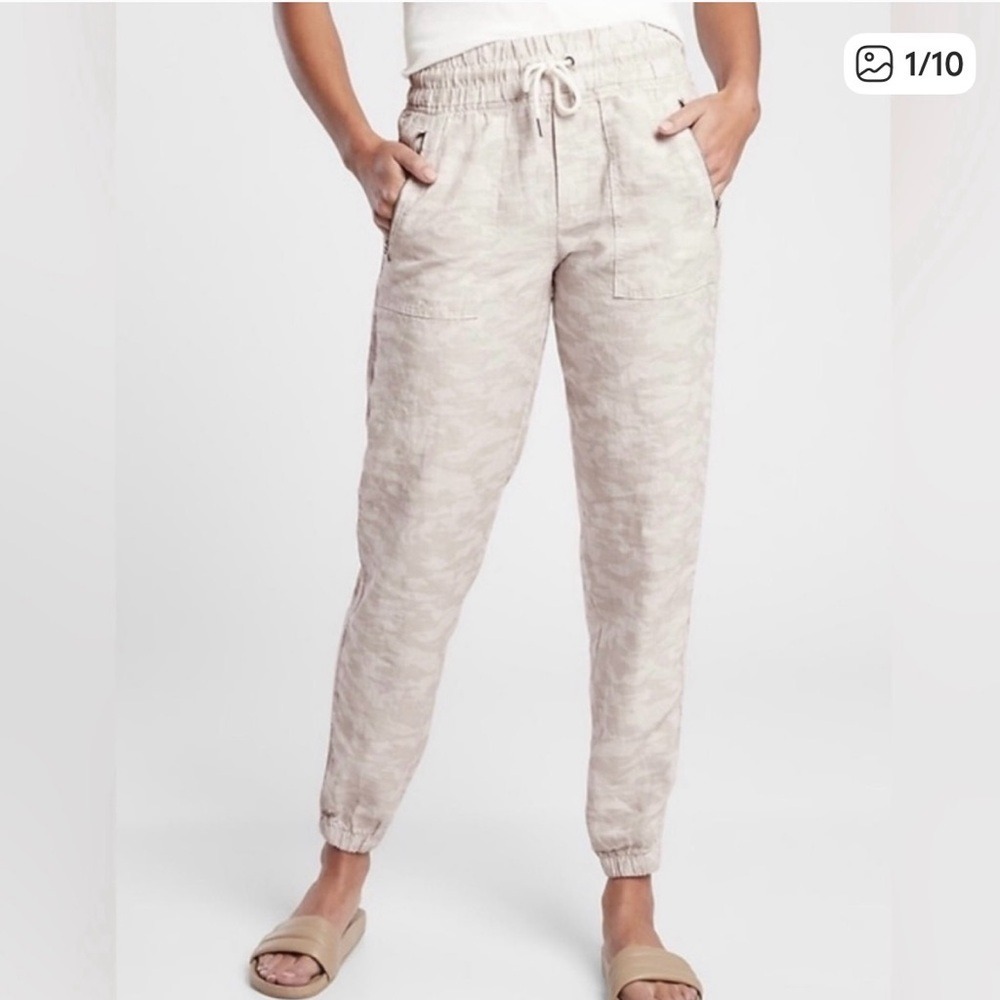 Athleta Cabo Tide 100% Linen‎ Jogger Neutral Camo. Size 16.